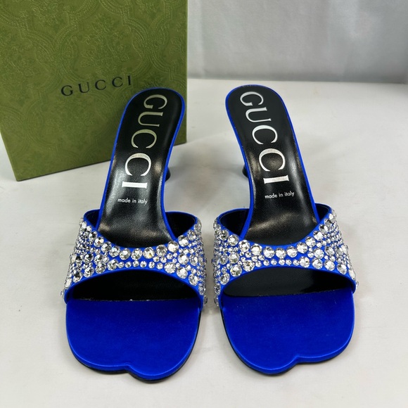 Gucci Galactica 65MM Crystal-Embellished Satin Sandals in Blue Sz EU38.5/ US 8.5
